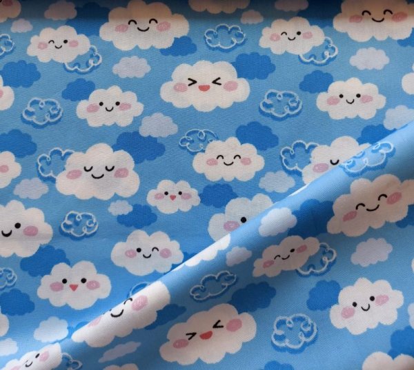 Photo1: 💢 買滿包郵｜🇹🇼 台灣布｜中藍 1y 現貨｜薄棉｜☁️ 開心雲朵｜Cute Cloud Kids Taiwan Fabric  (1)