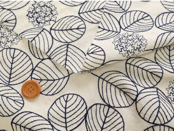 Photo2: 【1米 價格】🟢日本購 中國製｜💢 非 現貨｜100% 棉 ~薄 ; 繡線部份 :100% polyester｜布封 約 106cm "繡線部份約 100 cm "｜繡球花 樹葉｜2025年 5月 (2)