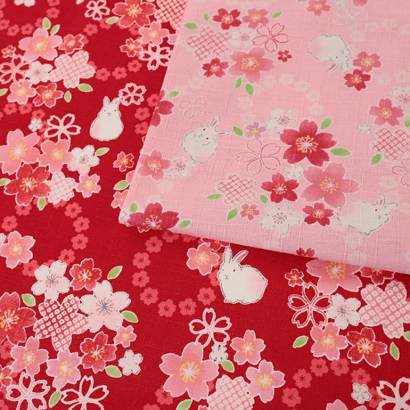 Photo1: 【1米 價格】🔴日本製｜💢 非 現貨｜100% 棉 ~ 紬布 "具有立體感，彷彿由粗細不均的手工紡紗織成"｜和風 日式 櫻花與兔子｜2026年 1月 (1)