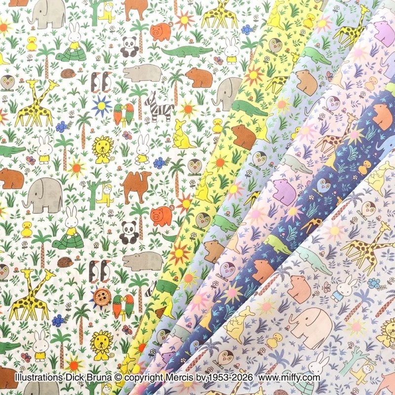 Photo1: Zoology🐰Miffy【預訂商品（約 20日到貨）】🟣日本製｜100% 棉 ~ Liberty Tana Lawn 棉布 💡非常輕薄💡柔軟💡透氣💡表面帶有一種類似絲綢咁光滑細緻嘅質感｜⭐米菲動物園 ⭐棕櫚樹、長頸鹿、企鵝、大象、斑馬、獅子、熊貓、烏龜 ⭐歡樂冒險時光｜2026年 7月 (1)