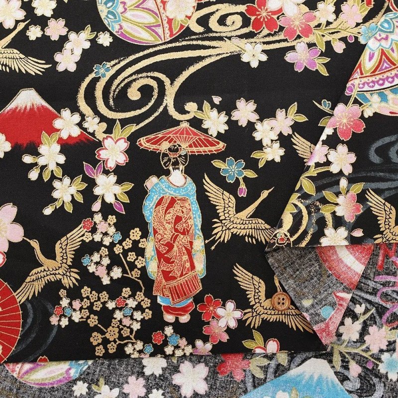 Photo2: 🇯🇵舞妓【日本選物｜預訂商品（約 20 日到港）】🟡日本製｜100% 棉 床單厚度｜日本傳統藝妓 櫻花、仙鶴和富士山 日式燙金棉布｜2026年 9月 (2)